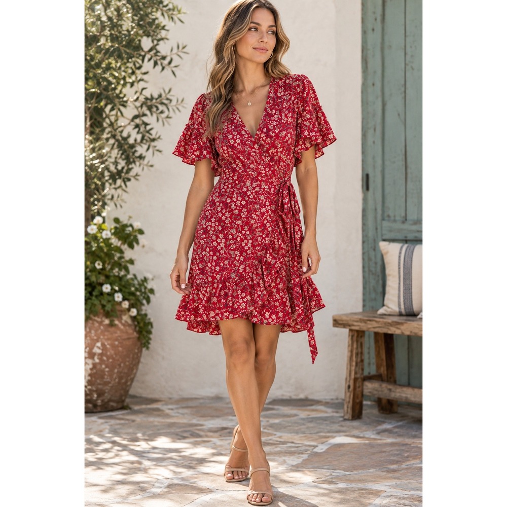 Max Studio Red Floral Flutter Sleeve Ruffle Wrap Dress XL Romantic Feminine